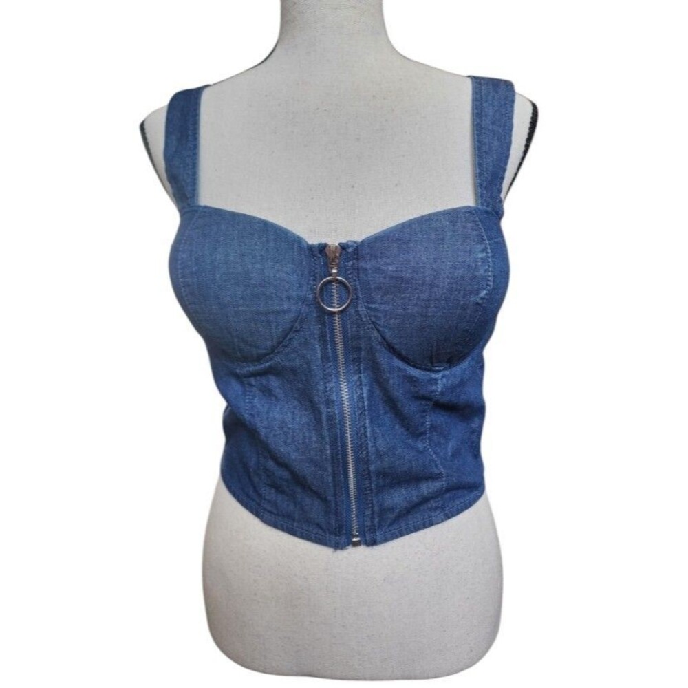 New Mix Medium Crop Bustier Corset Top Denim Front Zip Adjustable Shoulder Strap